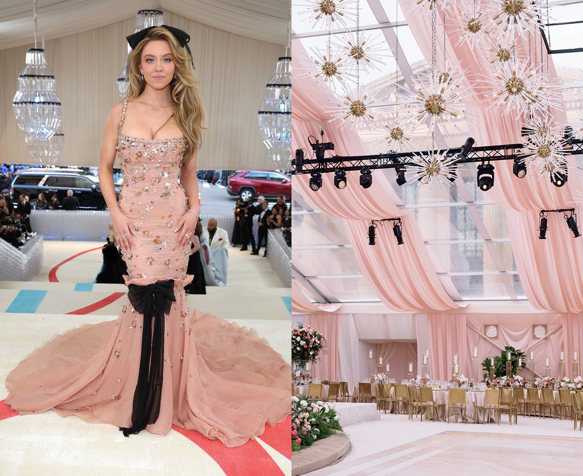 sydney sweeney at the met gala & Pink draping at a wedding reception